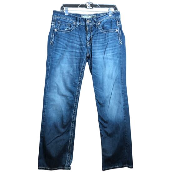 BKE Mens Jeans Blue Whiskered Denim Carter Fit Straight 100% Cotton 32 Short - Picture 1 of 11
